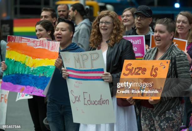 Marchers walk past supporters on the sidewalk. The Trans rally and march has become a regular part of the final PRIDE weekend activities. Thousands...