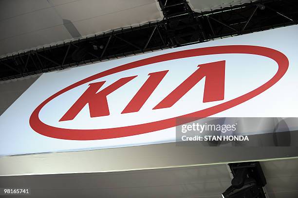 The KIA logo is displayed during the first press preview day at the 2010 North American International Auto Show January 11, 2010 at Cobo Center in...