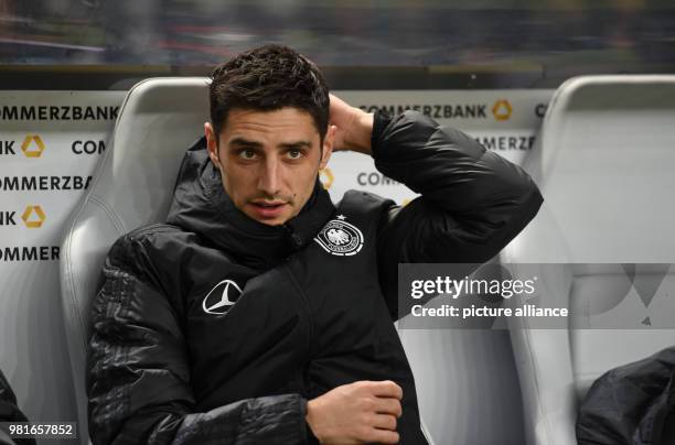 March 2018, Germany, Berlin, Olympia Stadium: Soccer, Friendly International match, Germany vs Brazil: Germany's Lars Stindl sits on the bench....