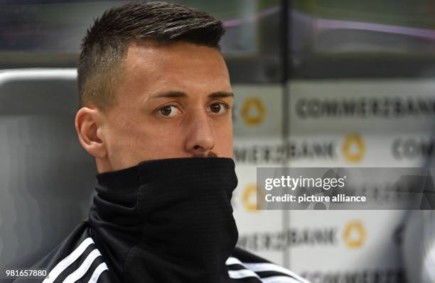 March 2018, Germany, Berlin, Olympia Stadium: Soccer, Friendly International match, Germany vs Brazil: Germany's Sandro Wagner sits on the bench....