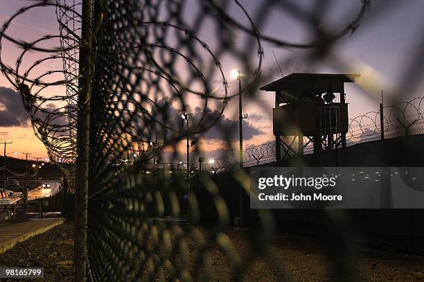 Guard tower stands at the perimeter of Camp Delta in the Guantanamo Bay detention center on March 30, 2010 in Guantanamo Bay, Cuba. U.S. President...