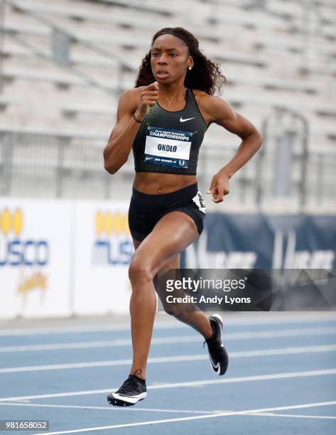 Courtney Okolo competes in the semifinals of the Womens 400 Meter during day 2 of the 2018 USATF Outdoor Championships at Drake Stadium on June 22,...