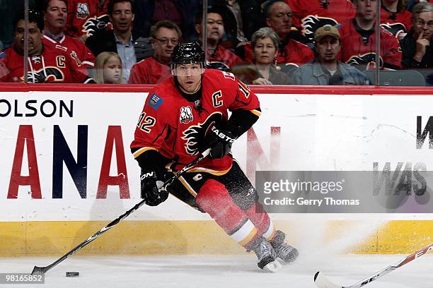 Jarome Iginla of the Calgary Flames skates against the Anaheim Ducks on March 23, 2010 at Pengrowth Saddledome in Calgary, Alberta, Canada. The...