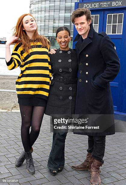 Matt Smith, Karen Gillan and newsreader Ranvir Singh attend photocall to launch the new season of 'Dr Who' at The Lowry on March 31, 2010 in...
