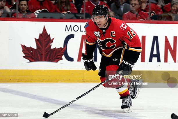 Jarome Iginla of the Calgary Flames skates against the Anaheim Ducks on March 23, 2010 at Pengrowth Saddledome in Calgary, Alberta, Canada. The...