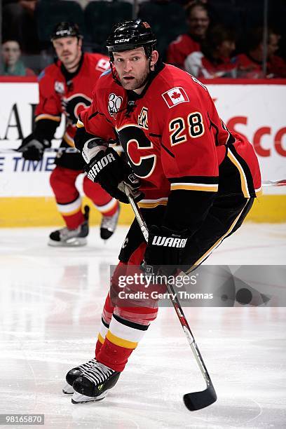 Robyn Regehr of the Calgary Flames skates against the Anaheim Ducks on March 23, 2010 at Pengrowth Saddledome in Calgary, Alberta, Canada. The Flames...