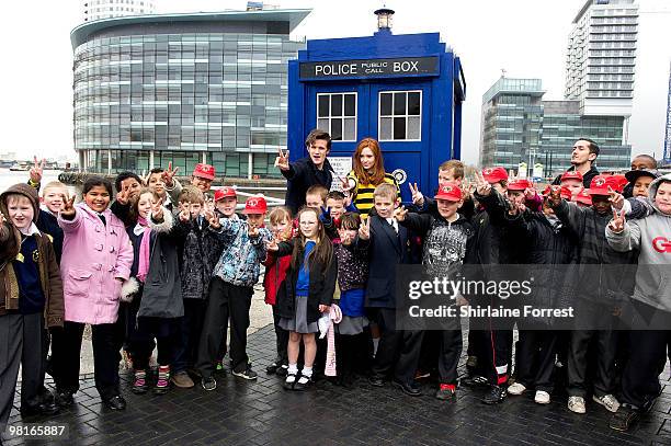 Matt Smith and Karen Gillan greet young fans while attending photocall to launch the new season of 'Dr Who' at The Lowry on March 31, 2010 in...