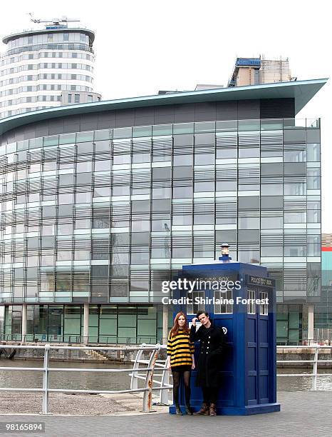 Matt Smith and Karen Gillan with backdrop of BBC's new Media City attend photocall to launch the new season of 'Dr Who' at The Lowry on March 31,...