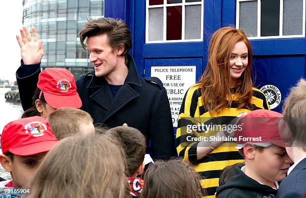 Matt Smith and Karen Gillan greet young fans while attending photocall to launch the new season of 'Dr Who' at The Lowry on March 31, 2010 in...