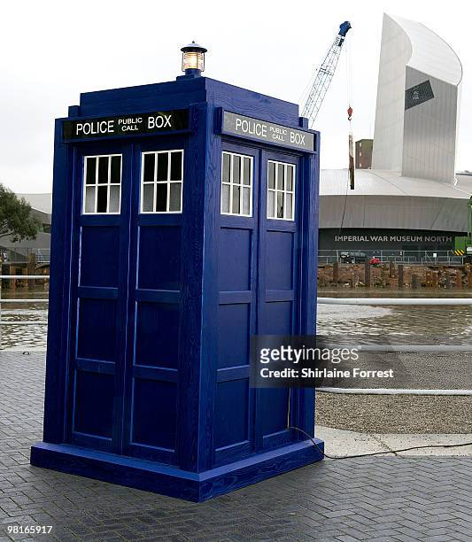 The Tardis with backdrop of Imperial War Museum North at photocall to launch the new season of 'Dr Who' at The Lowry on March 31, 2010 in Manchester,...