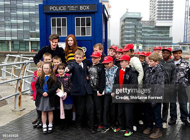 Matt Smith and Karen Gillan greet young fans while attending photocall to launch the new season of 'Dr Who' at The Lowry on March 31, 2010 in...