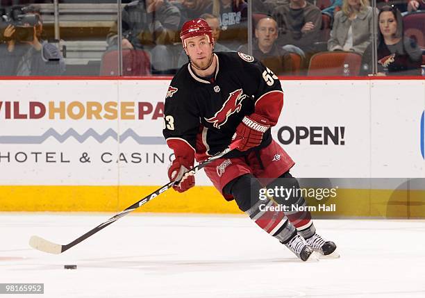 Derek Morris of the Phoenix Coyotes looks to pass the puck against the Colorado Avalanche on March 27, 2010 at Jobing.com Arena in Glendale, Arizona.