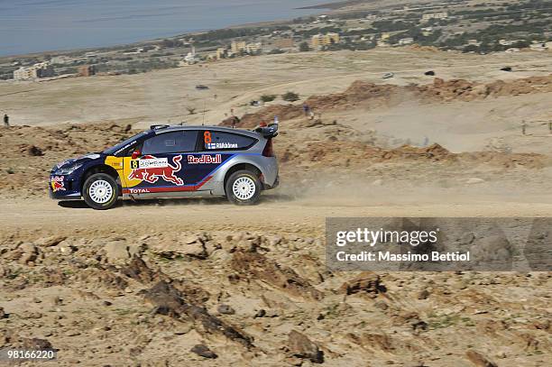 Kimi Raikkonen of Finland and Kaj Lindstrom of Finland compete in their Citroen C4 Junior Team during the Shakedown of the WRC Rally Jordan on March...