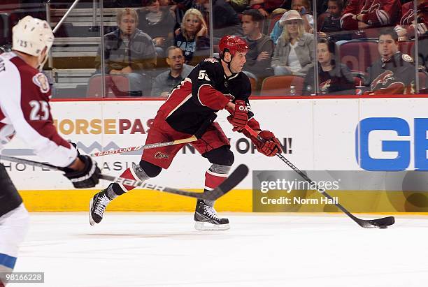 Ed Jovanovski of the Phoenix Coyotes skates the puck up ice against the Colorado Avalanche on March 27, 2010 at Jobing.com Arena in Glendale, Arizona.