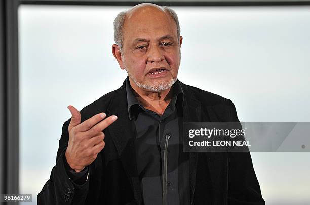 Deputy chairman of global engineering company ARUP Cecil Balmond talks to the media during the launch of the "ArcelorMittal Orbit" sculpture at City...