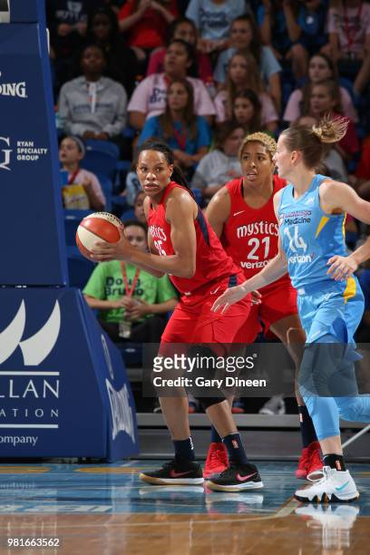 Monique Currie of the Washington Mystics handles the ball against the Chicago Sky on June 22, 2018 at Wintrust Arena in Chicago, Illinois. NOTE TO...
