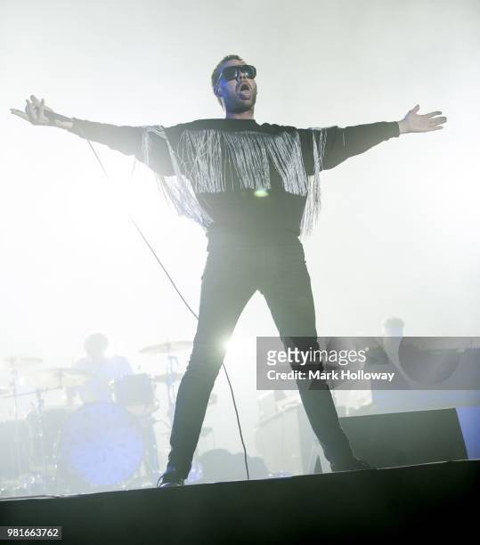 Ian Mathews,Tom Meighan of Kasabian performing on the main stage during the Isle of Wright Festival at Seaclose Park on June 22, 2018 in Newport,...