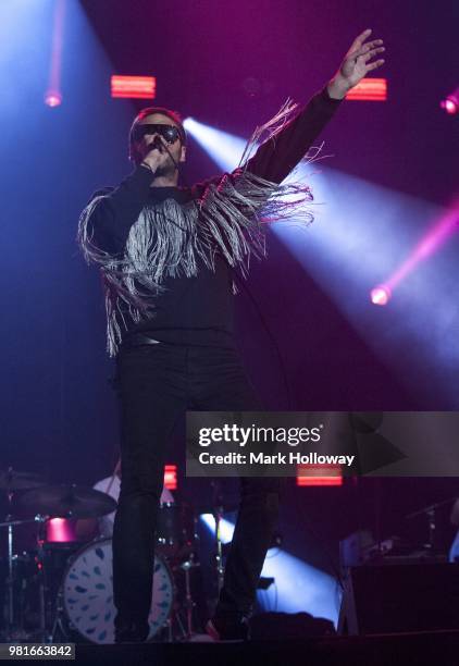 Tom Meighan of Kasabian performing on the main stage during the Isle of Wright Festival at Seaclose Park on June 22, 2018 in Newport, Isle of Wight.