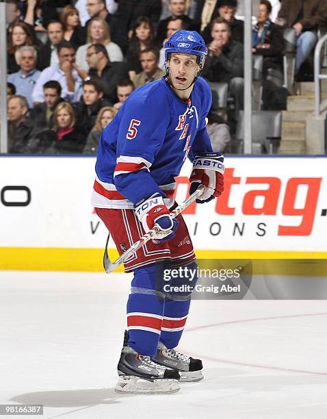 Daniel Girardi of the New York Rangers skates during the game against the Toronto Maple Leafs on March 27, 2010 at the Air Canada Centre in Toronto,...