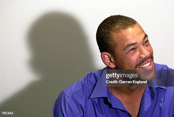 Andrew Symonds of Australia talks to the media after announcing that he has injured his shoulder and could miss playing for Australia in the one...