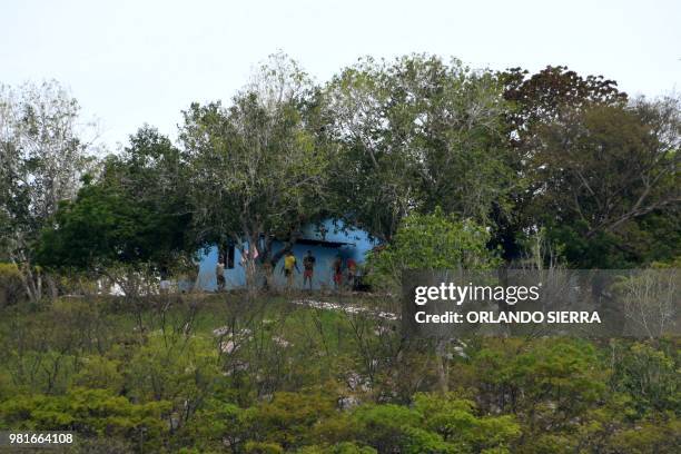 Honduran Army soldiers remain in Conejo Island, Honduras on May 27, 2018. - 'Conejo', a tiny rocky island in the Pacific, keeps an ancient border...