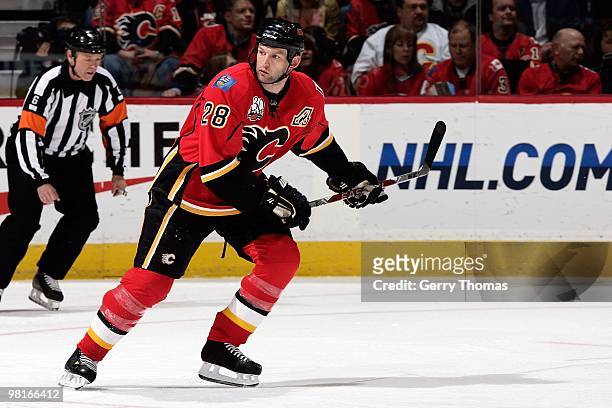 Robyn Regehr of the Calgary Flames skates against the Anaheim Ducks on March 23, 2010 at Pengrowth Saddledome in Calgary, Alberta, Canada. The Flames...