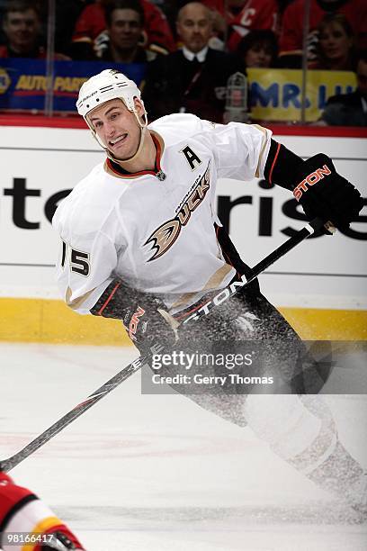 Ryan Getzlaf of the Anaheim Ducks skates against the Calgary Flames on March 23, 2010 at Pengrowth Saddledome in Calgary, Alberta, Canada. The Flames...