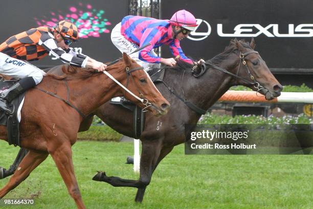 Good 'n' Fast ridden by Luke Nolen wins the Gippsland Region Handicap at Flemington Racecourse on June 23, 2018 in Flemington, Australia.