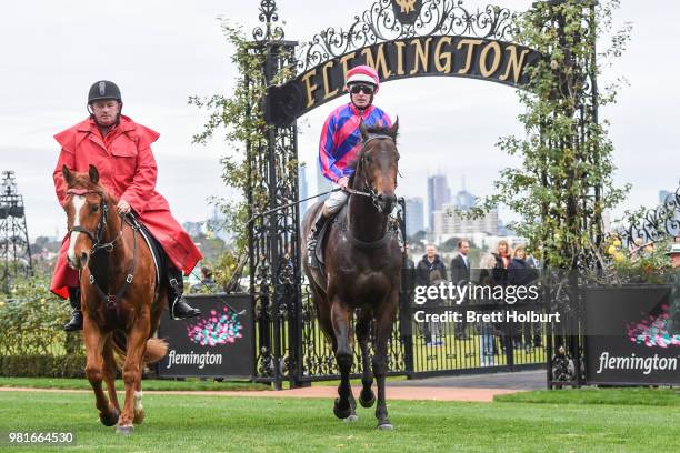 Luke Nolen returns to the mounting yard on Good 'n' Fast after winning the Gippsland Region Handicap at Flemington Racecourse on June 23, 2018 in...