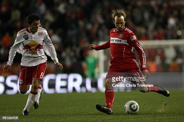 Justin Mapp of the Chicago Fire controls the ball from the New York Red Bulls during the match at Red Bull Arena on March 27, 2010 in Harrison, New...