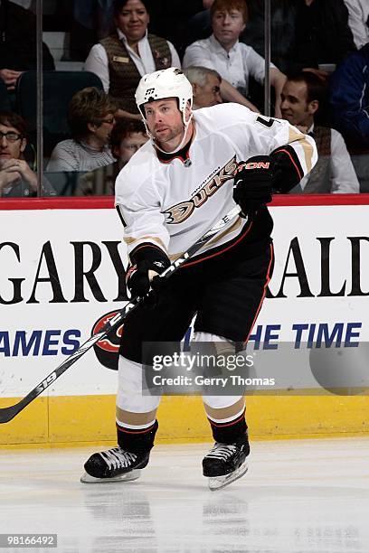 Aaron Ward of the Anaheim Ducks skates against the Calgary Flames on March 23, 2010 at Pengrowth Saddledome in Calgary, Alberta, Canada. The Flames...