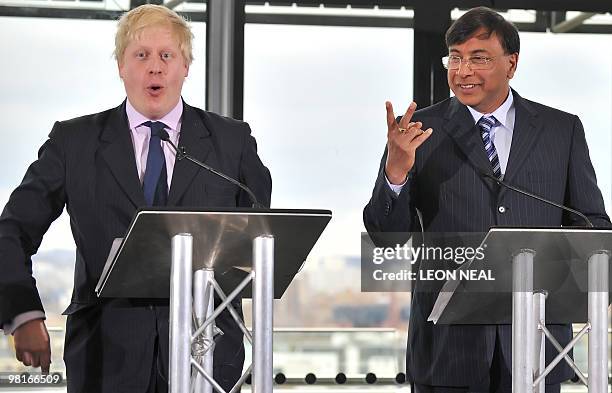 Mayor of London Boris Johnson shares a joke with the Chairman and CEO of ArcelorMittal Lakshmi Mittal during the launch of the "ArcelorMittal Orbit"...