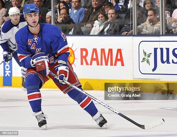 Brandon Dubinsky of the New York Rangers skates during the game against the Toronto Maple Leafs on March 27, 2010 at the Air Canada Centre in...