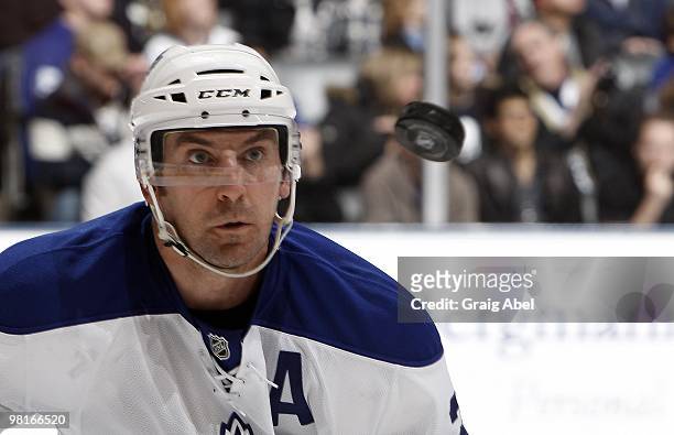 Francois Beauchemin of the Toronto Maple Leafs keeps an eye on the puck during the game against the New York Rangers on March 27, 2010 at the Air...