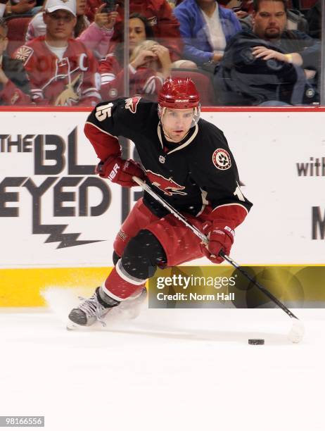 Matthew Lombardi of the Phoenix Coyotes puts on the breaks while looking to pass the puck against the Colorado Avalanche on March 27, 2010 at...