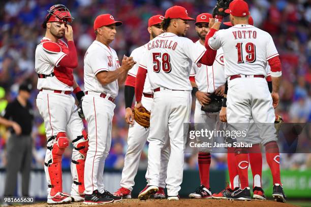 Luis Castillo of the Cincinnati Reds fist bumps his teammates as he is replaced at pitcher by Interim Manager Jim Riggleman of the Cincinnati Reds in...