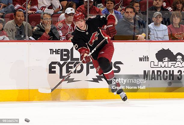 Radim Vrbata of the Phoenix Coyotes passes the puck up ice against the Colorado Avalanche on March 27, 2010 at Jobing.com Arena in Glendale, Arizona.