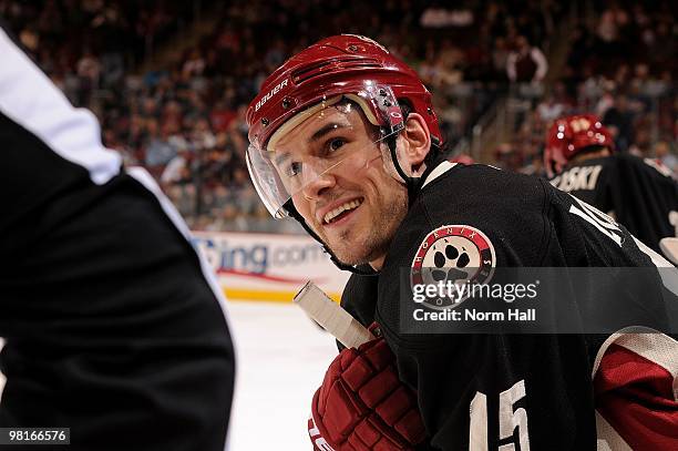 Matthew Lombardi of the Phoenix Coyotes has a laugh with one of the linesmen during a stop in play against the Colorado Avalanche on March 27, 2010...