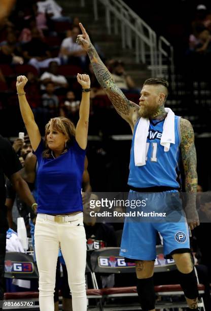 Head coach Nancy Lieberman of Power and Chris Andersen of Power reacts after winning a game against the Ball Hogs during week one of the BIG3 three...