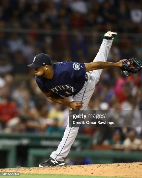 Juan Nicasio of the Seattle Mariners pitches in the bottom of the seventh inning of the game against the Boston Red Sox at Fenway Park on June 22,...