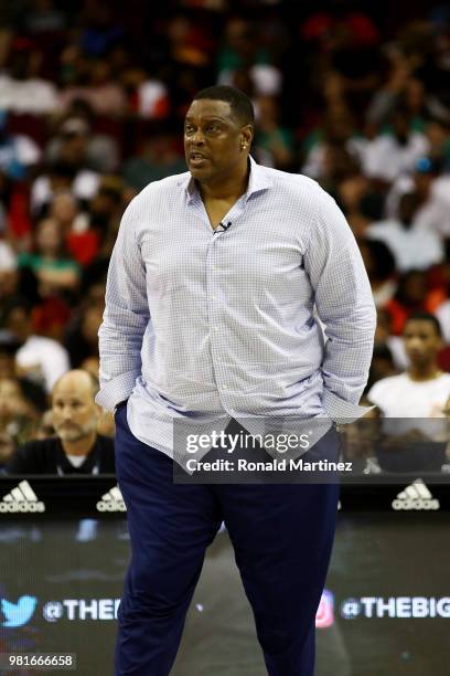 Head coach Rick Mahorn of Trilogy coaches during a game against Tri State during week one of the BIG3 three on three basketball league at Toyota...