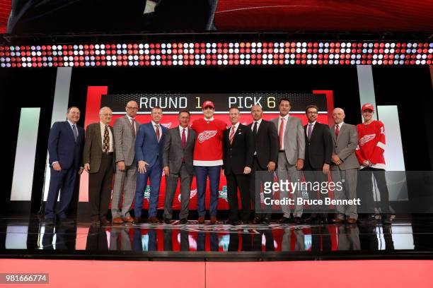 Filip Zadina poses after being selected sixth overall by the Detroit Red Wings during the first round of the 2018 NHL Draft at American Airlines...