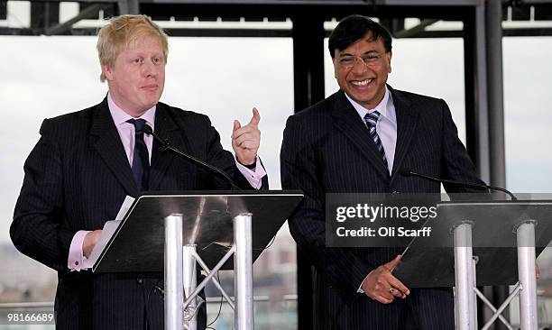 Mayor of London Boris Johnson and steel magnate Lakshmi Mittal hold a press conference to announce the winning design for a visitor attraction to be...