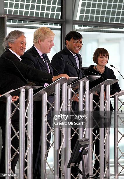 Artist Anish Kapoor, Mayor of London Boris Johnson, Steel magnate Lakshmi Mittal and Olympics Minister Tessa Jowell unveil a new visitor attraction...