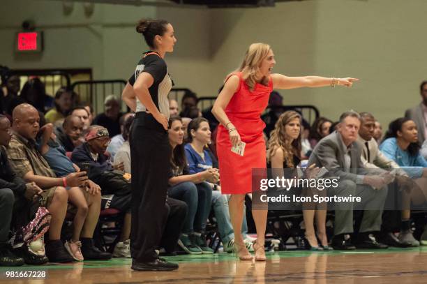 Atlanta Dream head coach Nicki Collen reacts during the first half of the WNBA game between the Atlanta Dream and New York Liberty on June 19, 2018...