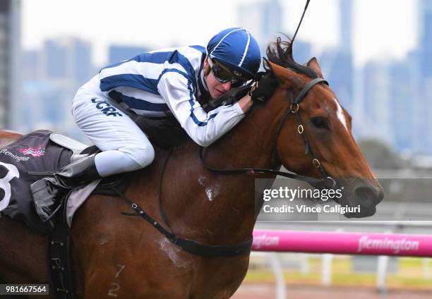 Fred Kersley riding Miles of Krishan wins Race 2 during Melbourne Racing at Flemington Racecourse on June 23, 2018 in Melbourne, Australia.