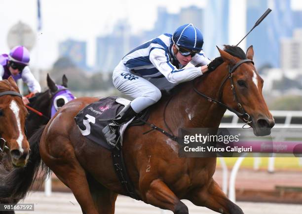 Fred Kersley riding Miles of Krishan wins Race 2 during Melbourne Racing at Flemington Racecourse on June 23, 2018 in Melbourne, Australia.