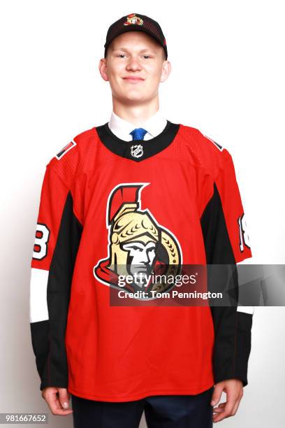 Brady Tkachuk poses after being selected fourth overall by the Ottawa Senators during the first round of the 2018 NHL Draft at American Airlines...