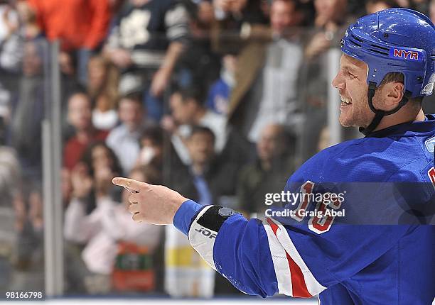 Sean Avery of the New York Rangers has a laugh during a break in the game against the Toronto Maple Leafs on March 27, 2010 at the Air Canada Centre...