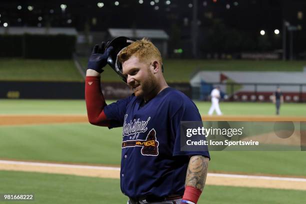 Mississippi Braves first baseman Tyler Marlette after scoring a run during the 2018 Southern League All-Star Game. The South All-Stars defeated the...
